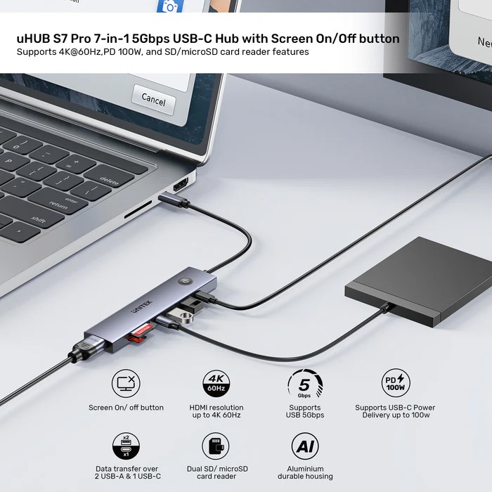 HUB USB-C Unitek 7 en 1 con botón screen on/off 