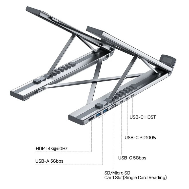 Soporte y HUB Unitek para Notebook aluminio plegable